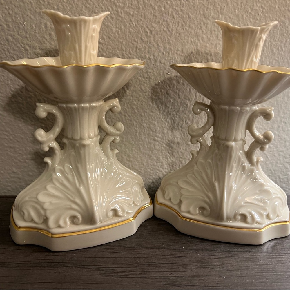 Ornate Ivory Candle Holders with Gold Trim